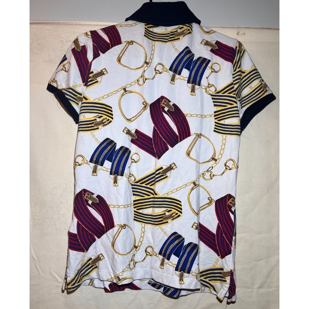 LRL Ralph Lauren M Active Polo Shirt Women Short Sleeve White Gold Equestrian A5 - Picture 3 of 3